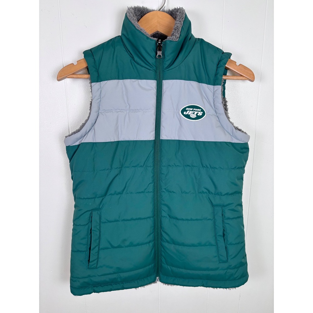 VTG Reversible NFL New York Jets Puffer Vest Fleece Lined Full Zip Green Gray XS